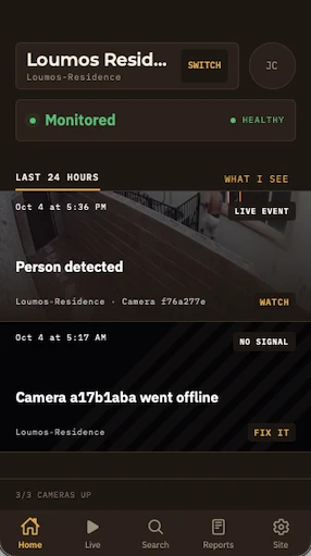 Enid customer app home screen: the site shows Monitored and Healthy, with a live Person detected event and a Camera went offline alert with a Fix it button.